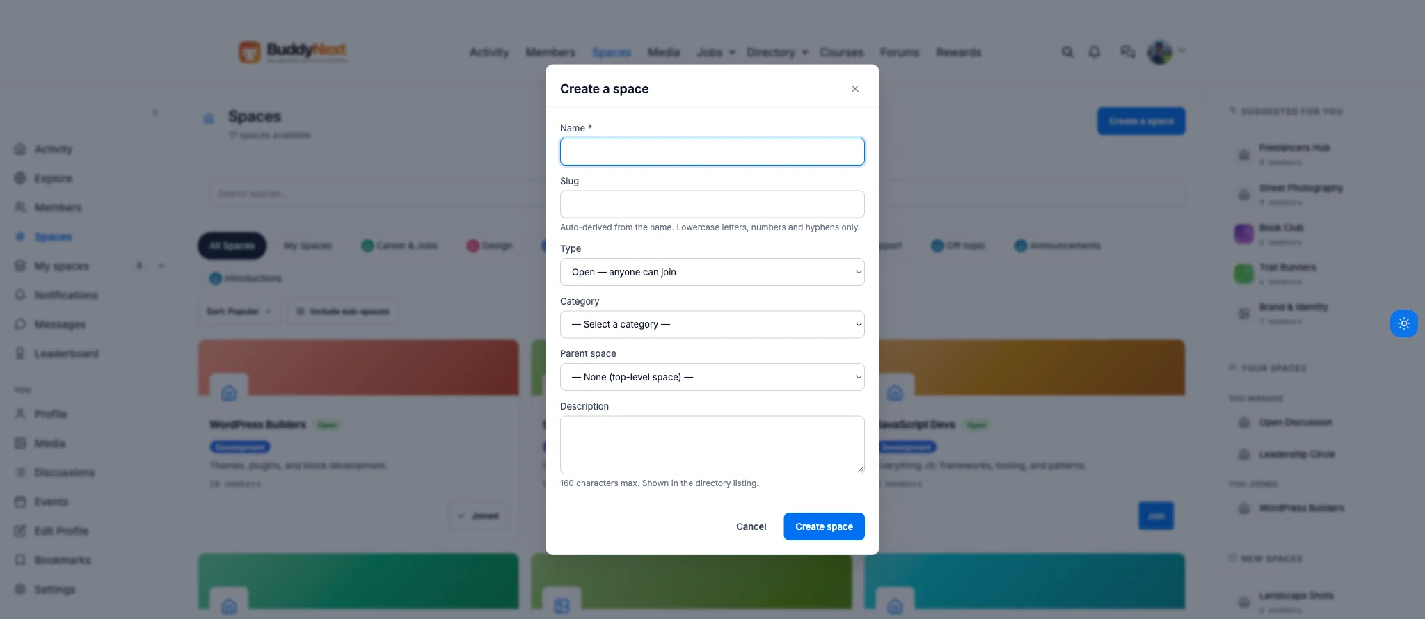BuddyNext Create a Space modal showing Open, Private, and Secret type options, category, and parent space fields