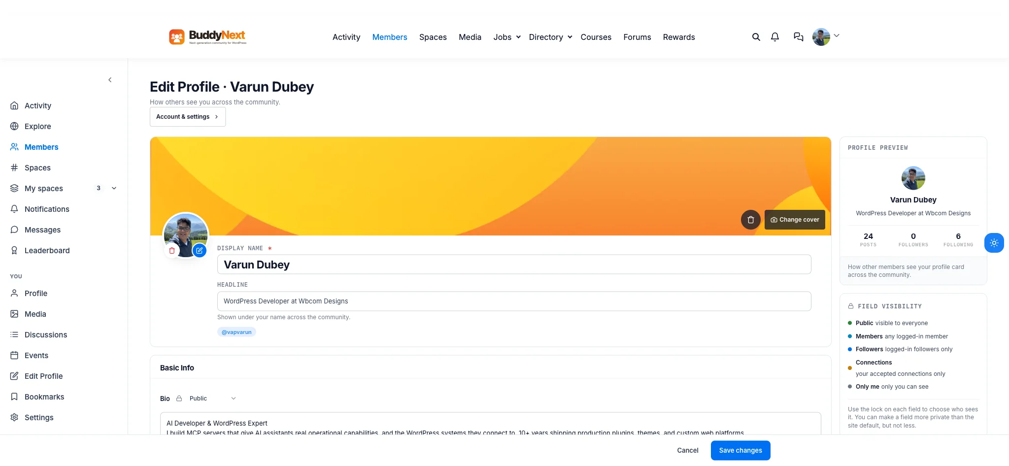 Real BuddyNext edit profile screen showing per-field visibility levels: Public, Members, Followers, Connections, Only me