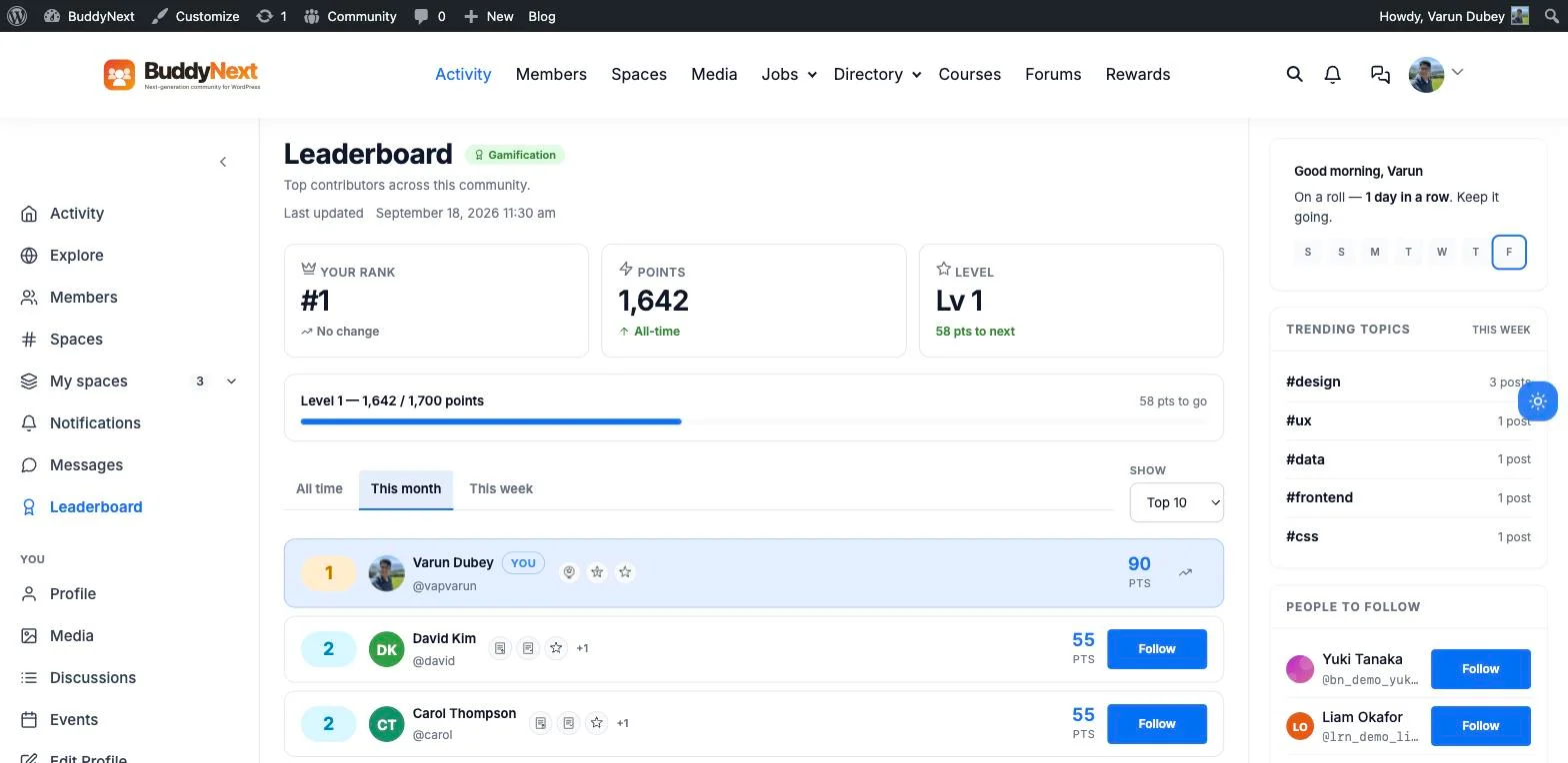 Real BuddyNext leaderboard showing rank, points, level progress bar, and a ranked list with timeframe filters