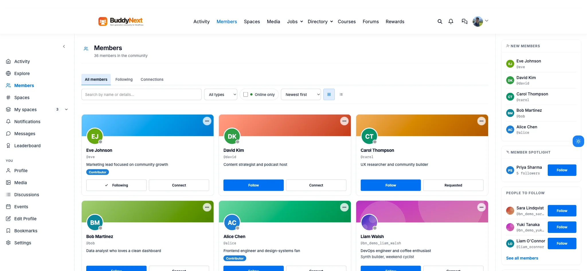 Real BuddyNext member directory showing search, member type filter, online-only toggle, and follow or connect buttons