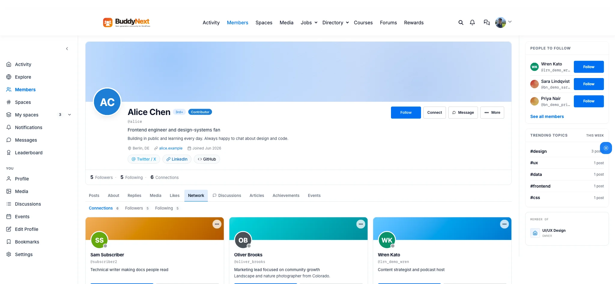 Real BuddyNext profile Network tab showing separate Connections, Followers, and Following lists