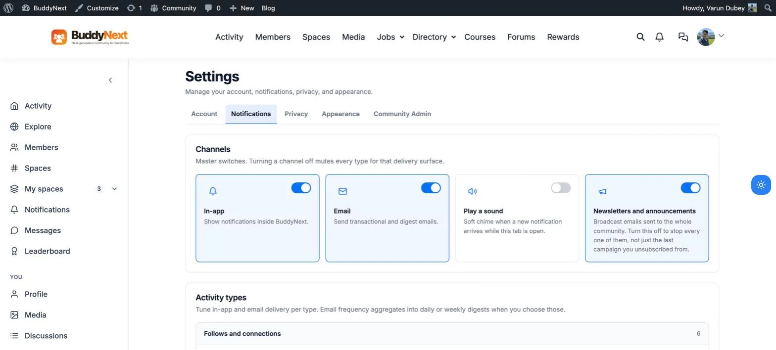 Real BuddyNext notification preferences showing in-app, email, sound, and newsletter channel controls plus per-activity-type settings