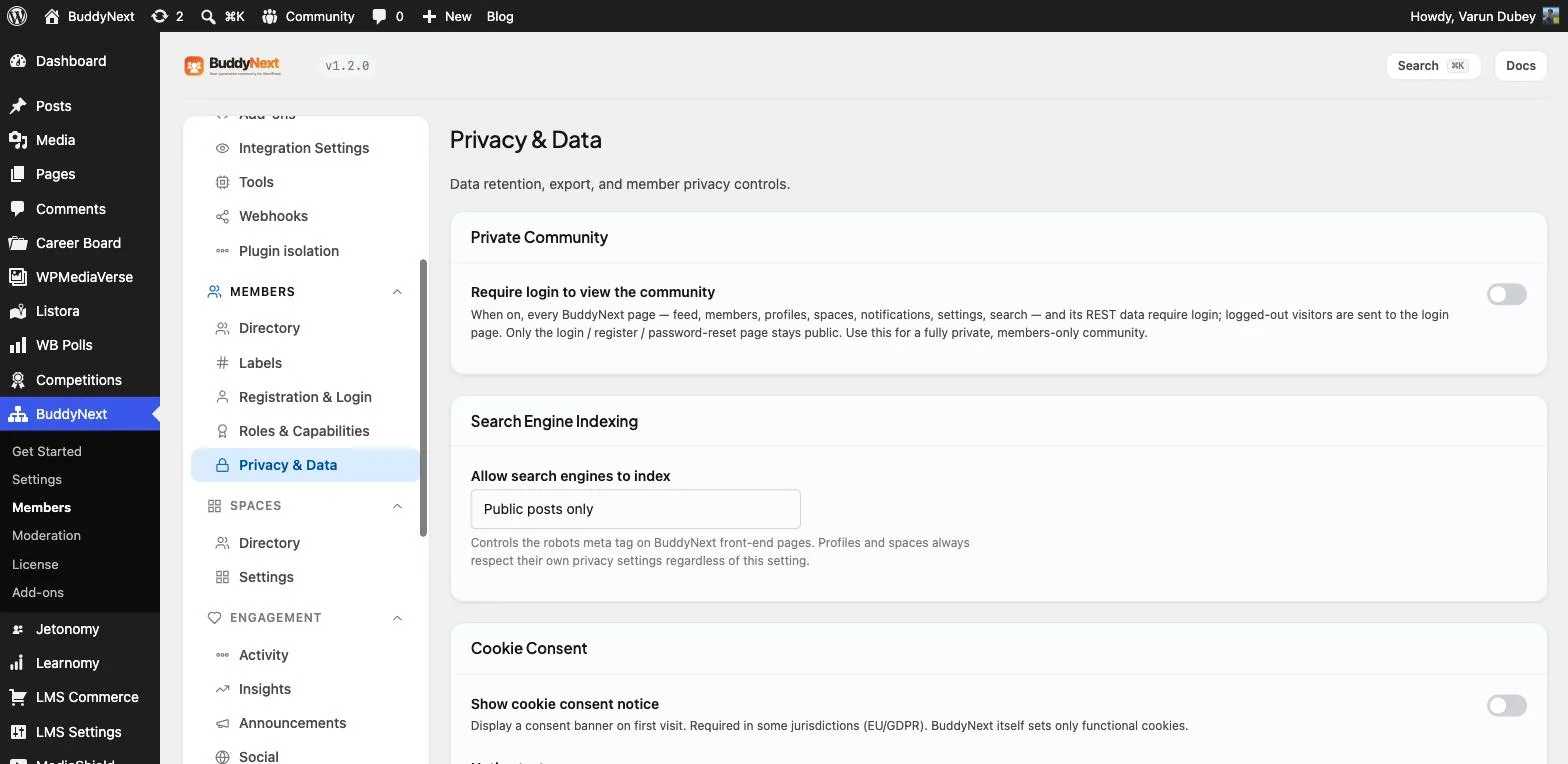 Real BuddyNext admin Privacy and Data screen showing private community mode, search engine indexing control, and cookie consent settings