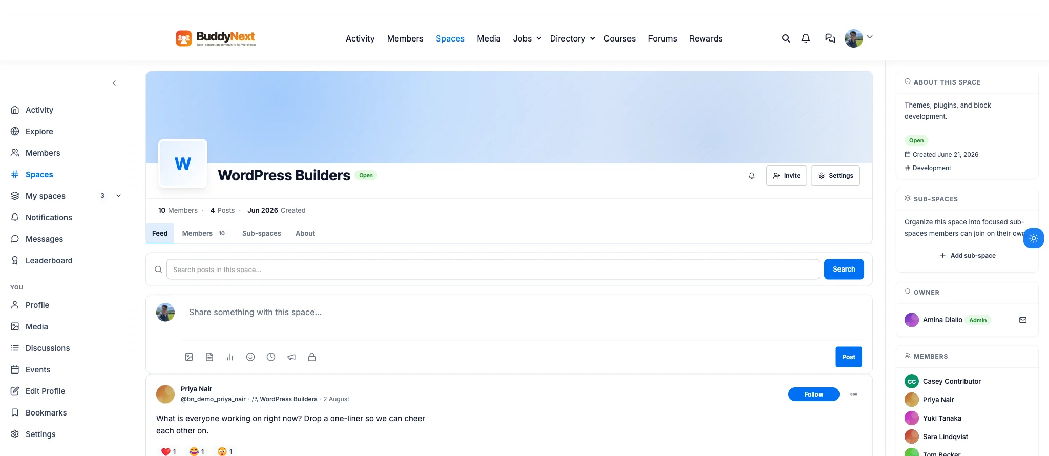 A real BuddyNext Space homepage with feed reactions, sub-spaces panel, owner, and member list