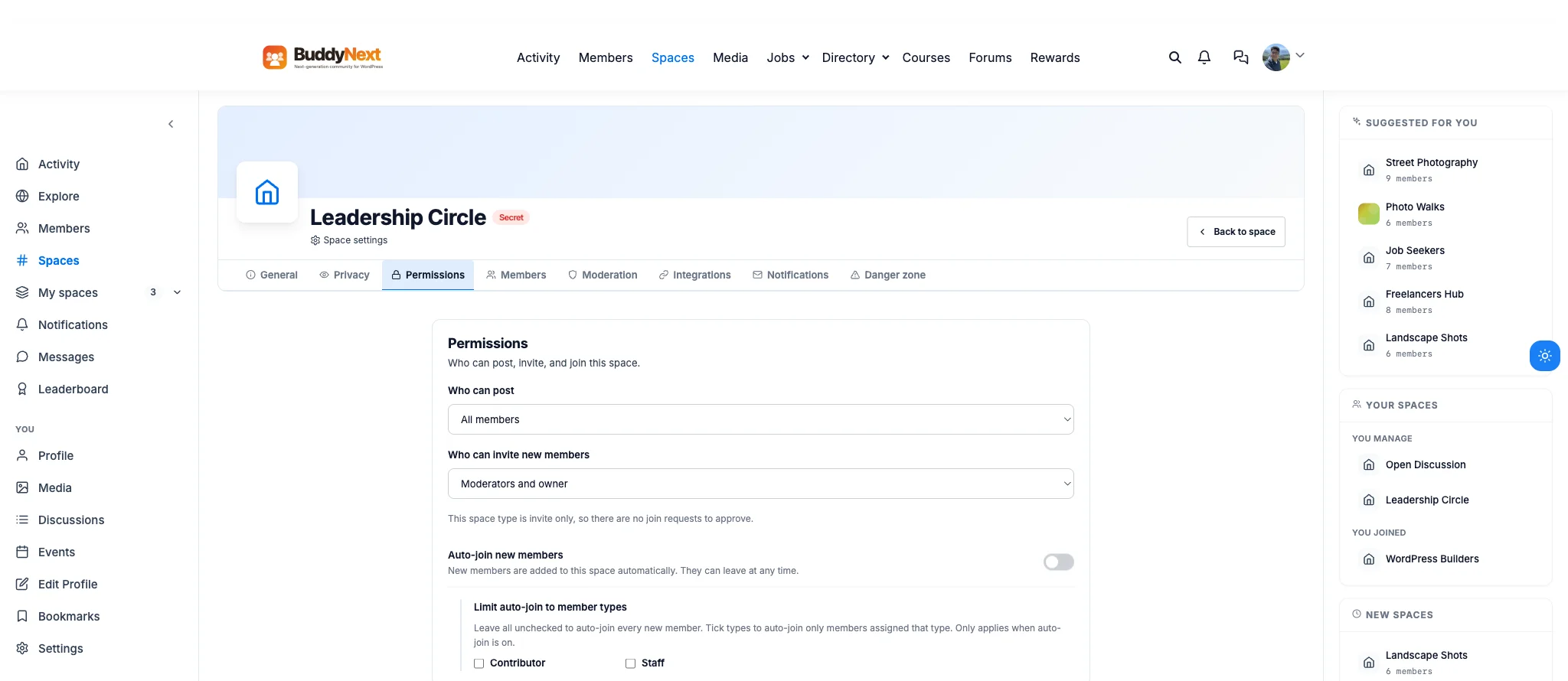 BuddyNext Space settings Permissions tab showing who can post and who can invite new members controls