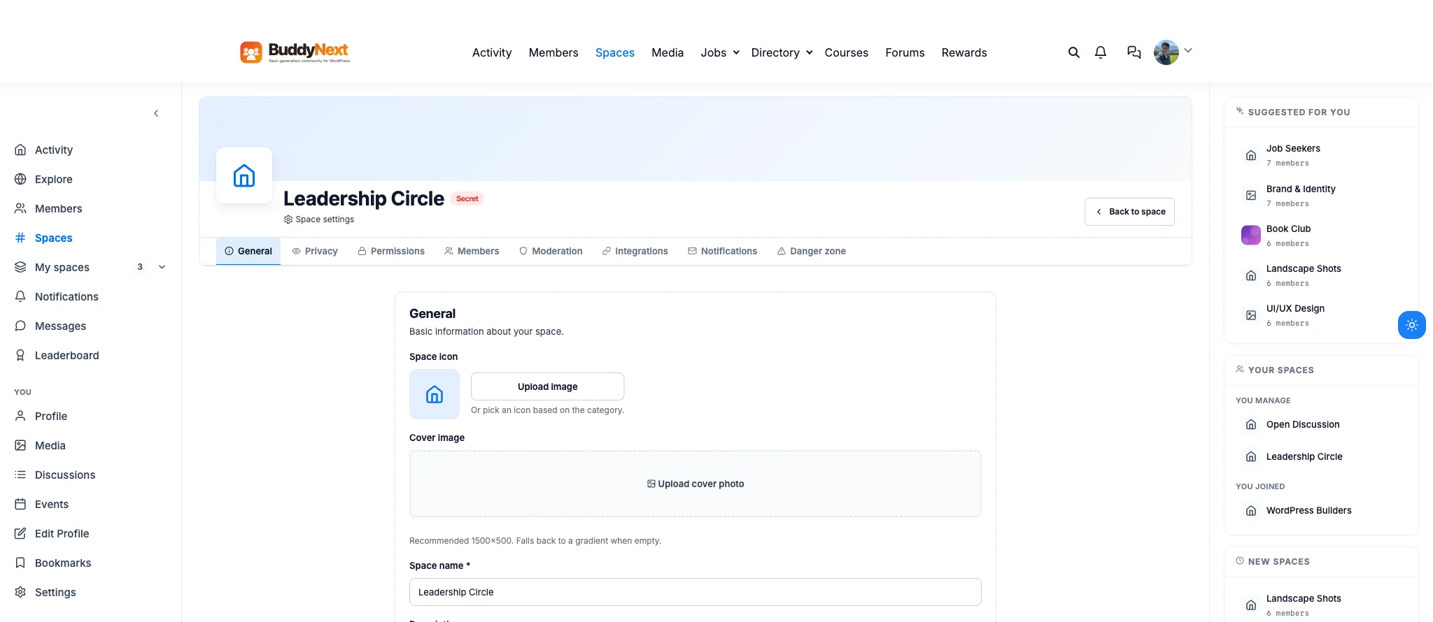 BuddyNext Space settings tabs: General, Privacy, Permissions, Members, Moderation, Integrations, Notifications, Danger zone