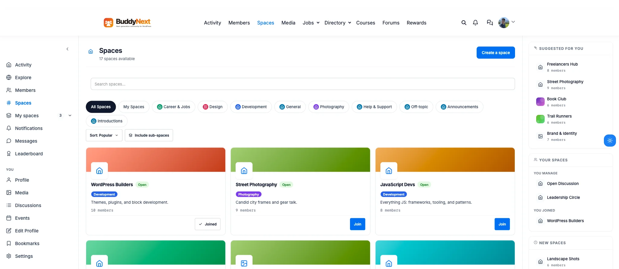 Real BuddyNext Spaces directory showing 17 spaces with Open, Private, and Secret badges and category filters
