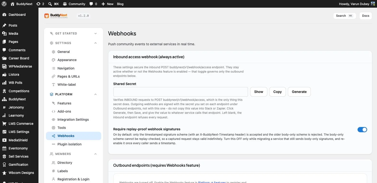 Real BuddyNext admin Webhooks screen showing the inbound access webhook shared secret, replay-proof signature toggle, and outbound endpoints section