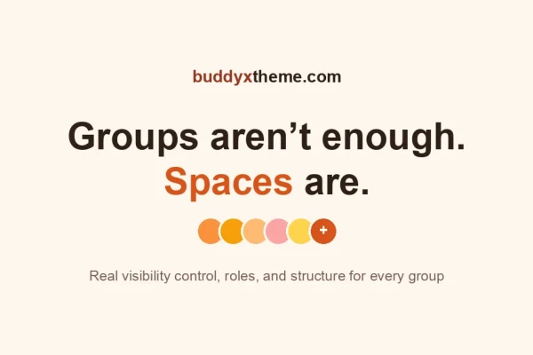 Warm cream card reading Groups aren't enough, Spaces are, with a cluster of member avatars and the buddyxtheme.com brand mark