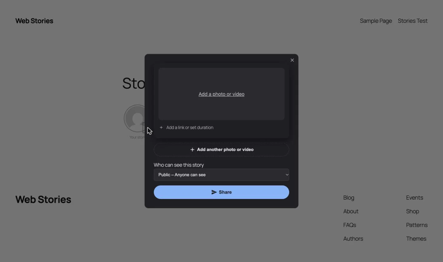 WP Stories posting form showing photo picker, visibility selector, and Share button