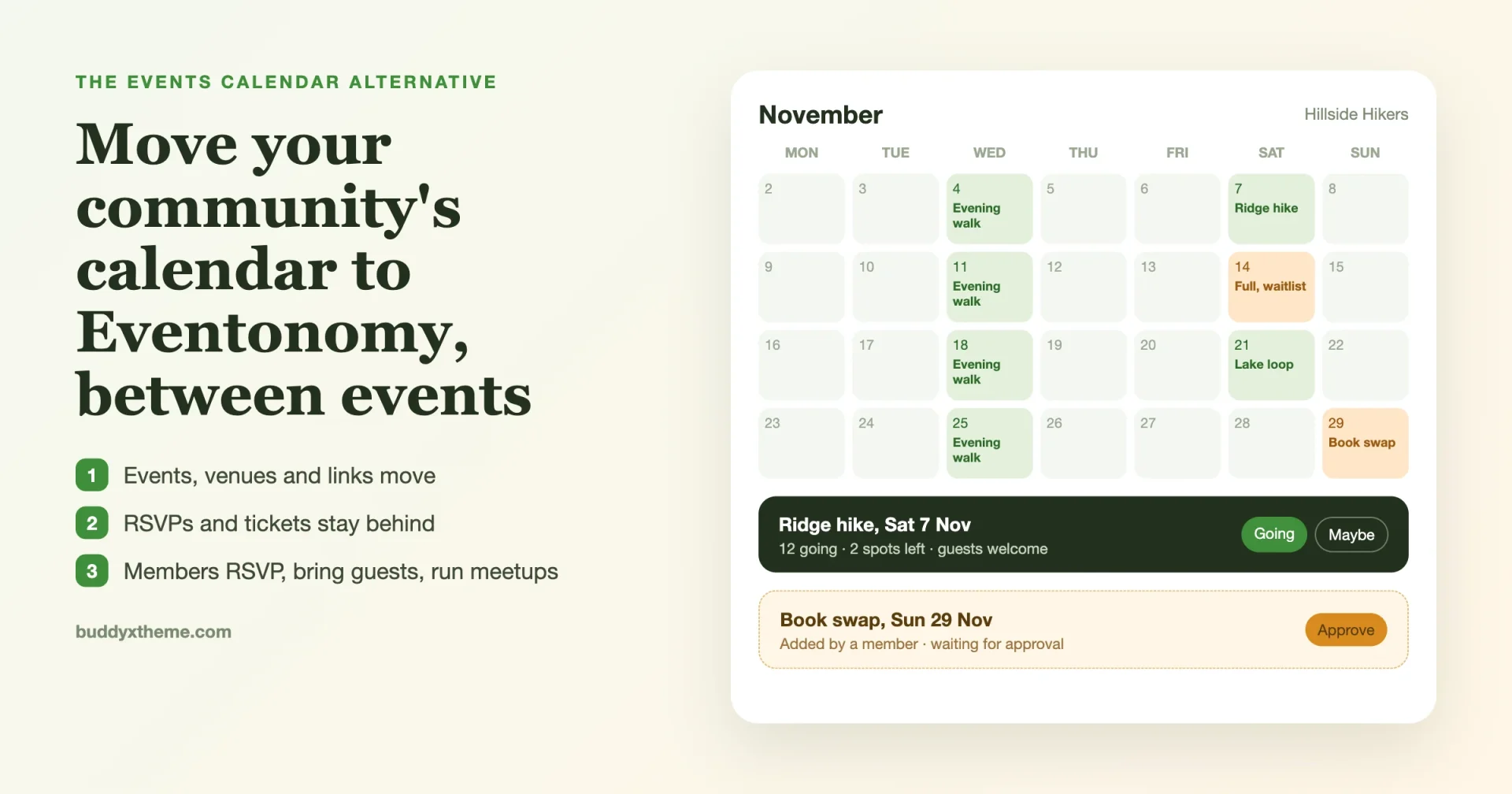 The Events Calendar alternative for a community: a hiking club's November calendar in Eventonomy with RSVPs, a waitlisted event and a member-submitted event awaiting approval