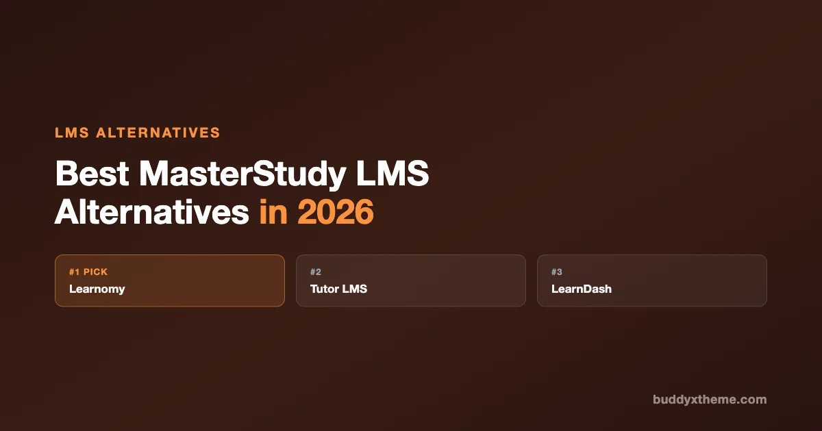 Ranking graphic: Learnomy ranked #1 pick among MasterStudy LMS alternatives, followed by Tutor LMS and LearnDash