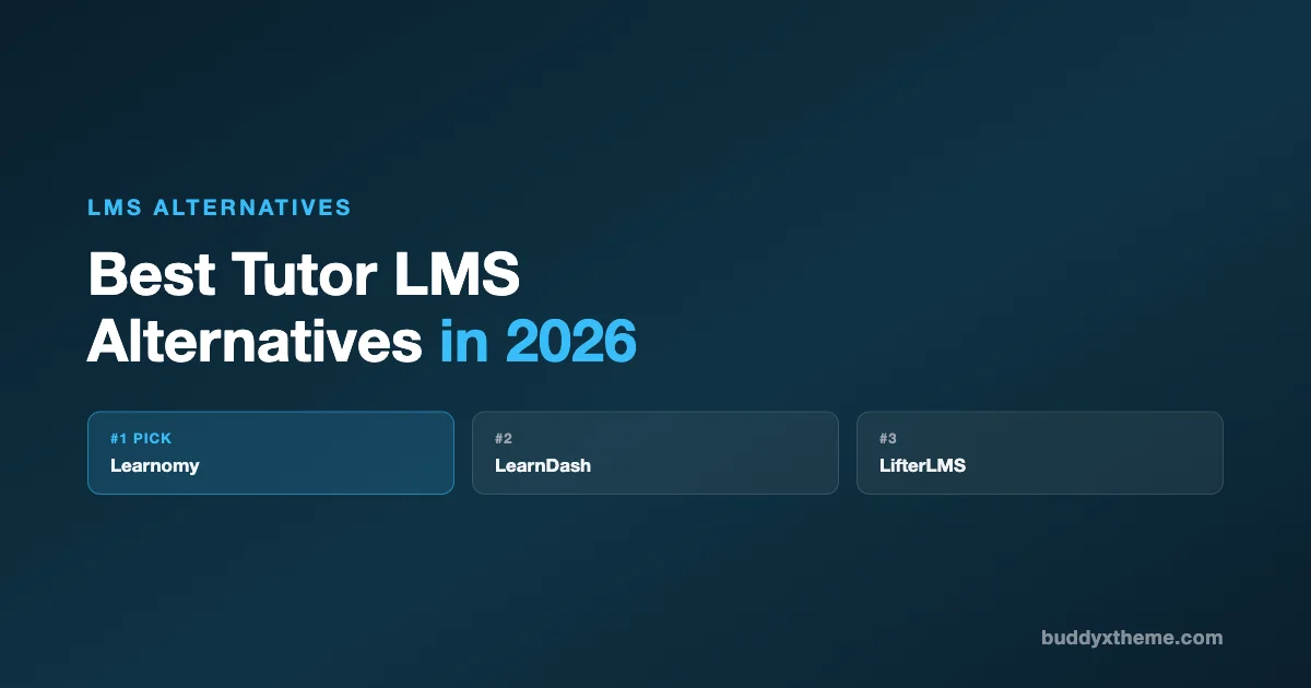 Ranking graphic: Learnomy ranked #1 pick among Tutor LMS alternatives, followed by LearnDash and LifterLMS