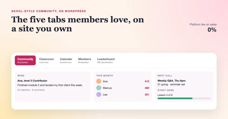 Build a Skool-Style Community on WordPress: Feed, Classroom, Leaderboard and Calendar