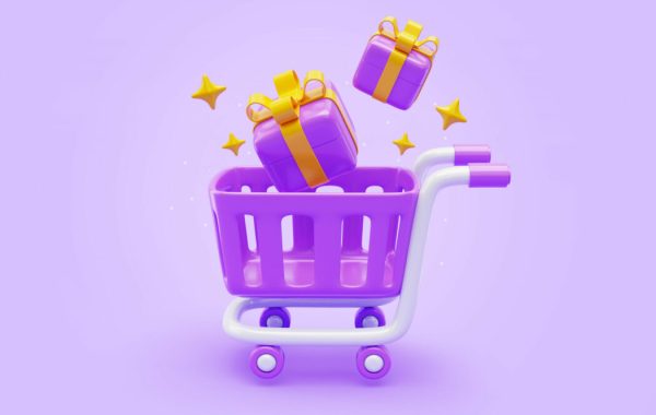 Shopping cart with gift box icon promotion discount sale reward checkout e-commerce online shopping 3D illustration